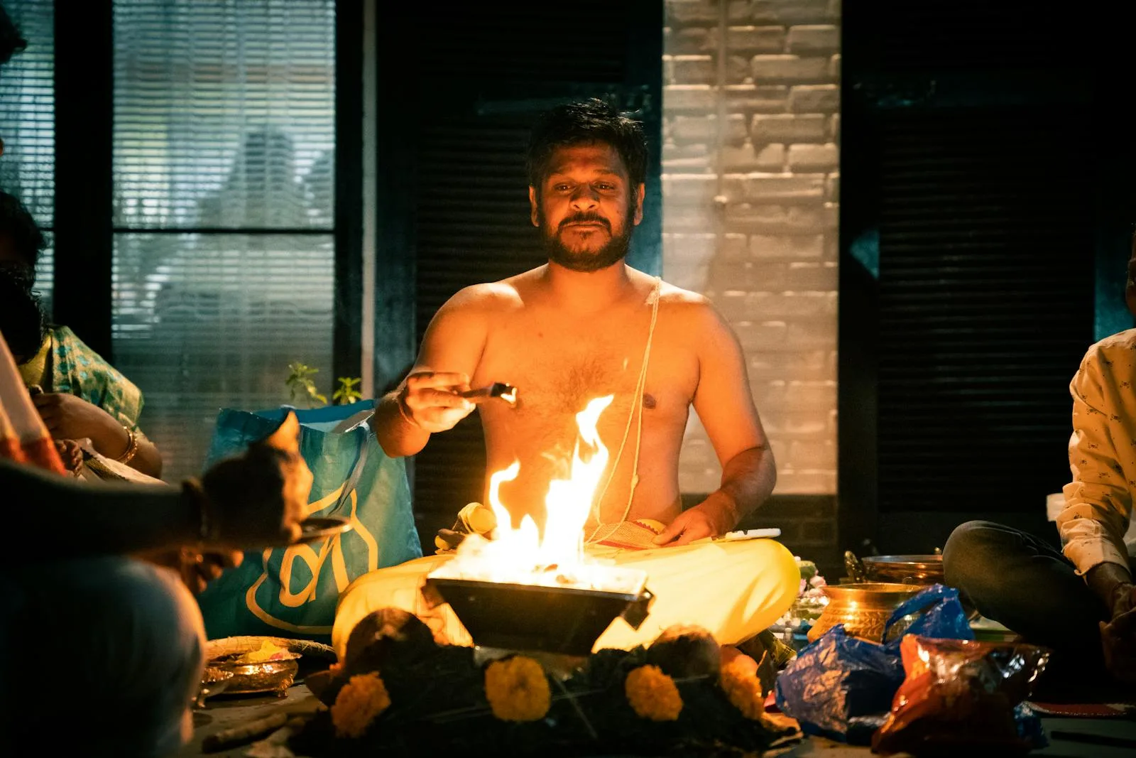 Sacred fire and offerings during Mangal Bhaat Puja